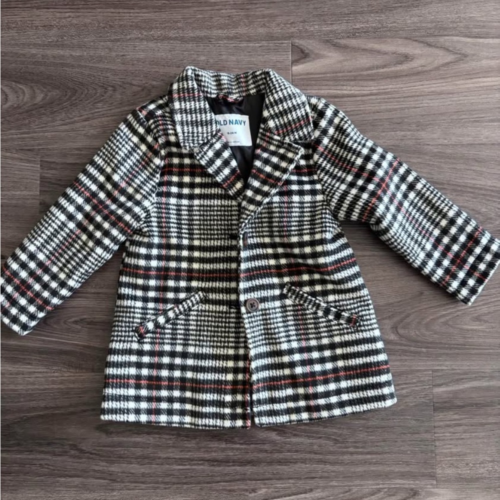 Old Navy Kids Plaid Pea Coat - Black, White, and Red